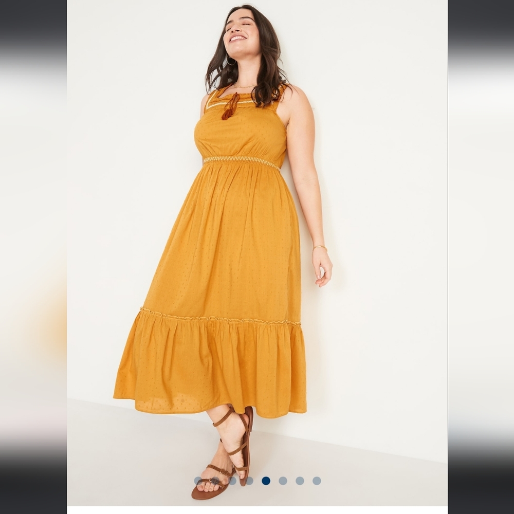 Gold Sleeveless Waist-Defined Embroidered Clip-Dot Maxi Dress